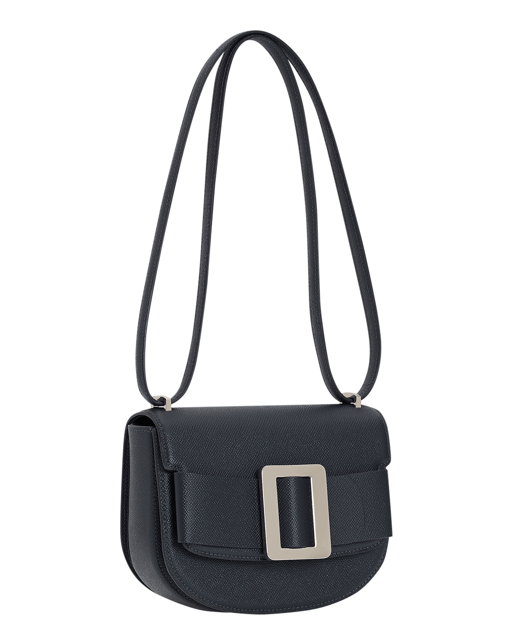 Small, blue grained leather handbag, a large silver buckle on the front flap closure, and a shoulder strap