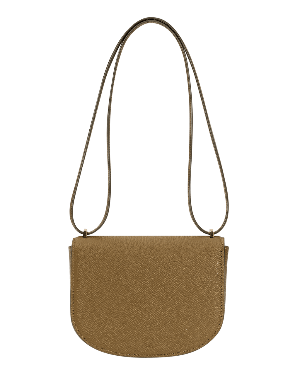 Small, brown grained leather handbag, a large gold buckle on the front flap closure, and a shoulder strap