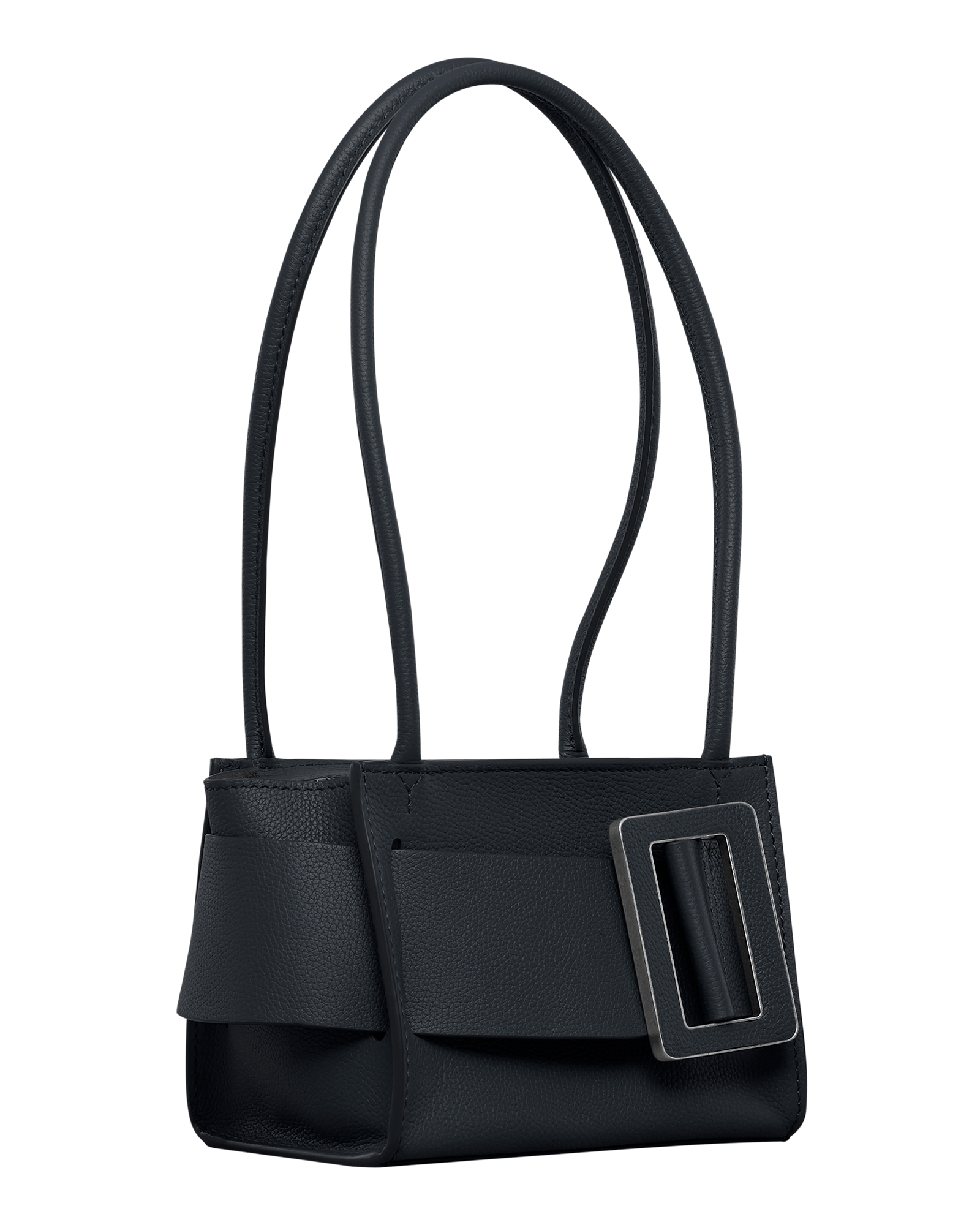 Open, blue, natural grain leather handbag with an oversized buckle on the front, twin carry handles and a top zip fastener.