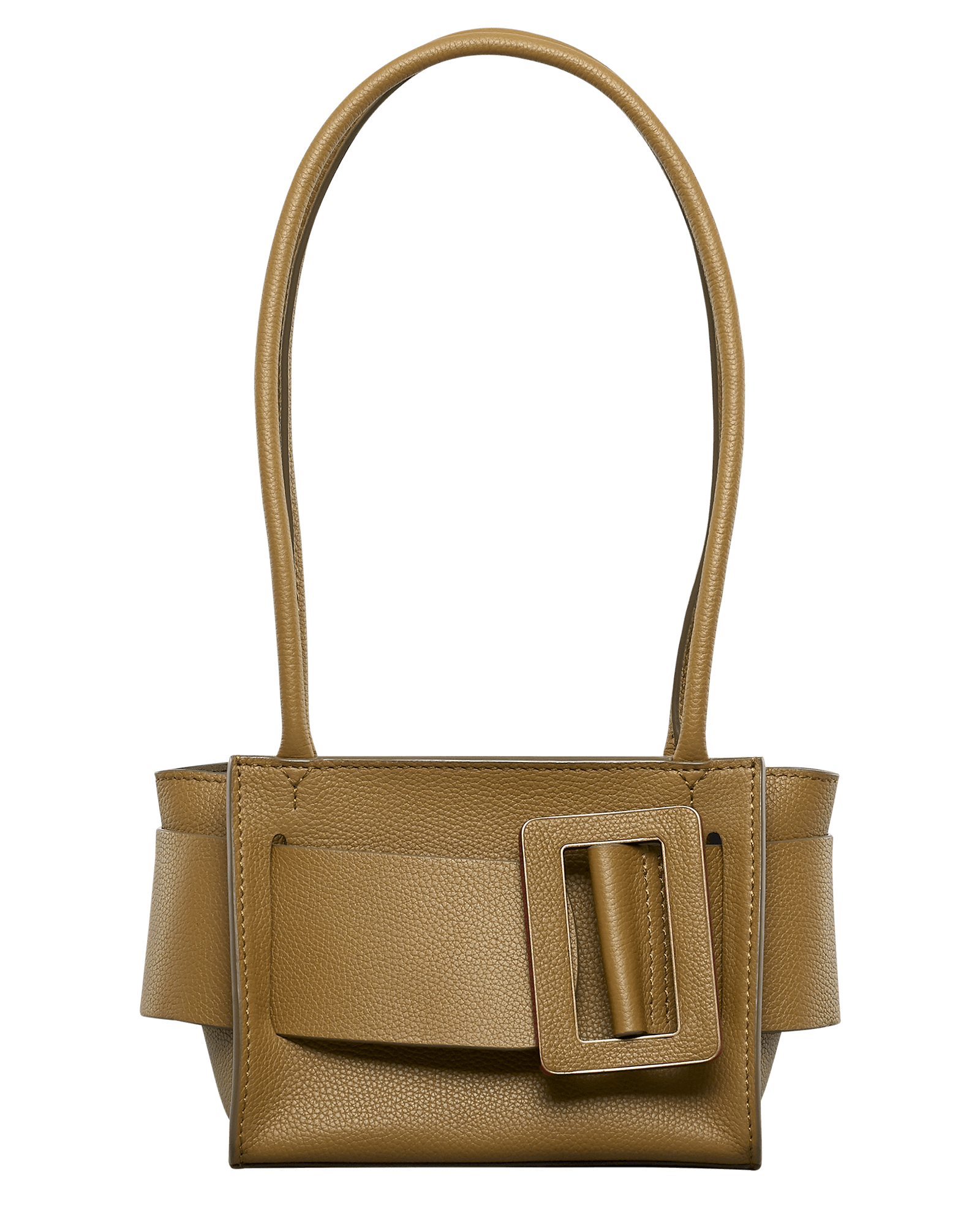 Open, brown, natural grain leather handbag with an oversized buckle on the front, twin carry handles and a top zip fastener.