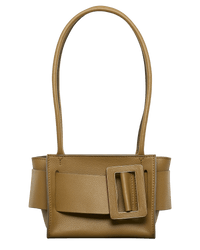 Open, brown, natural grain leather handbag with an oversized buckle on the front, twin carry handles and a top zip fastener.