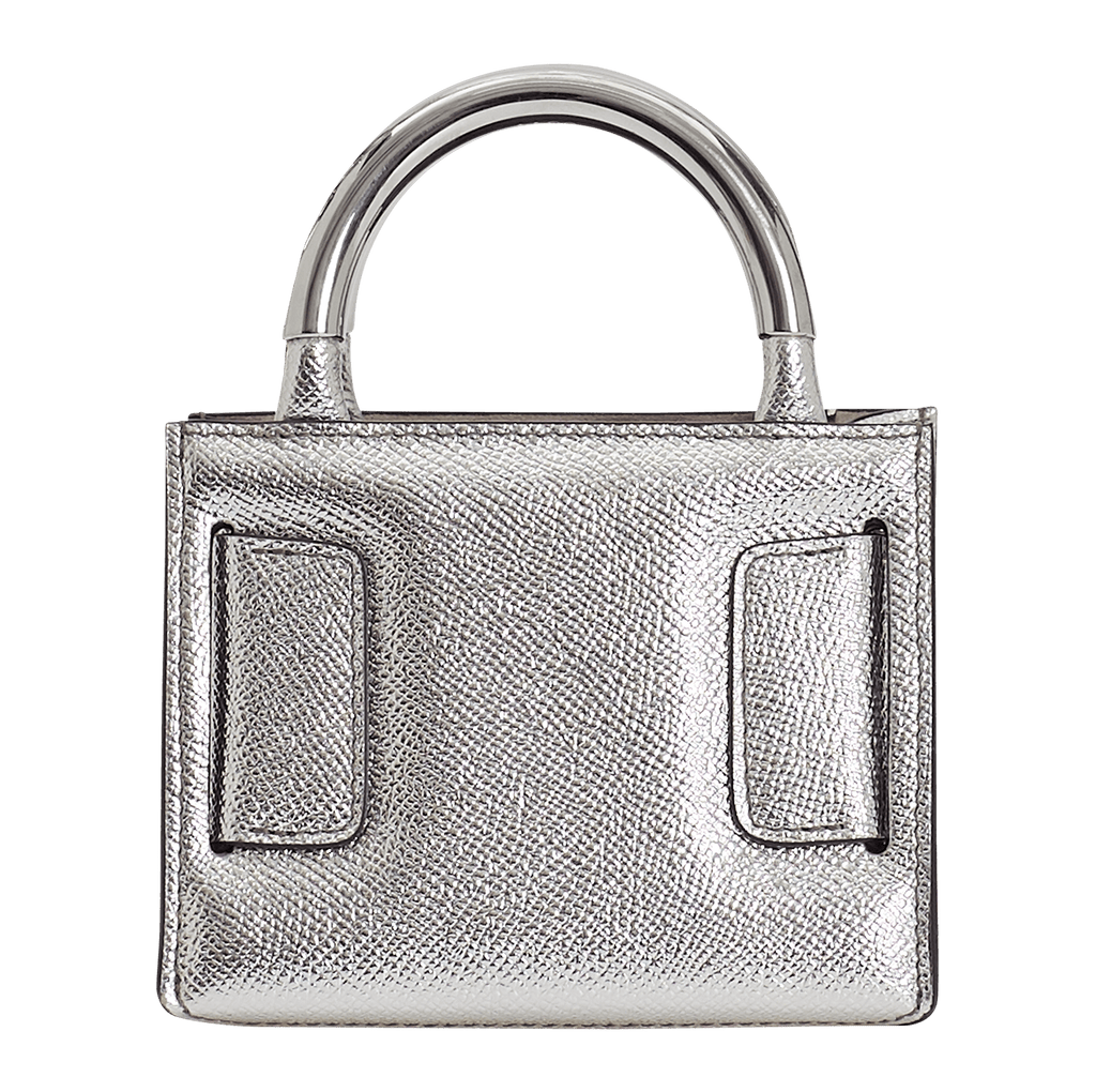 Small, structured blue handbag with a large silver buckle on the front, carry strap, and twin handles. Made with grained calfskin leather.