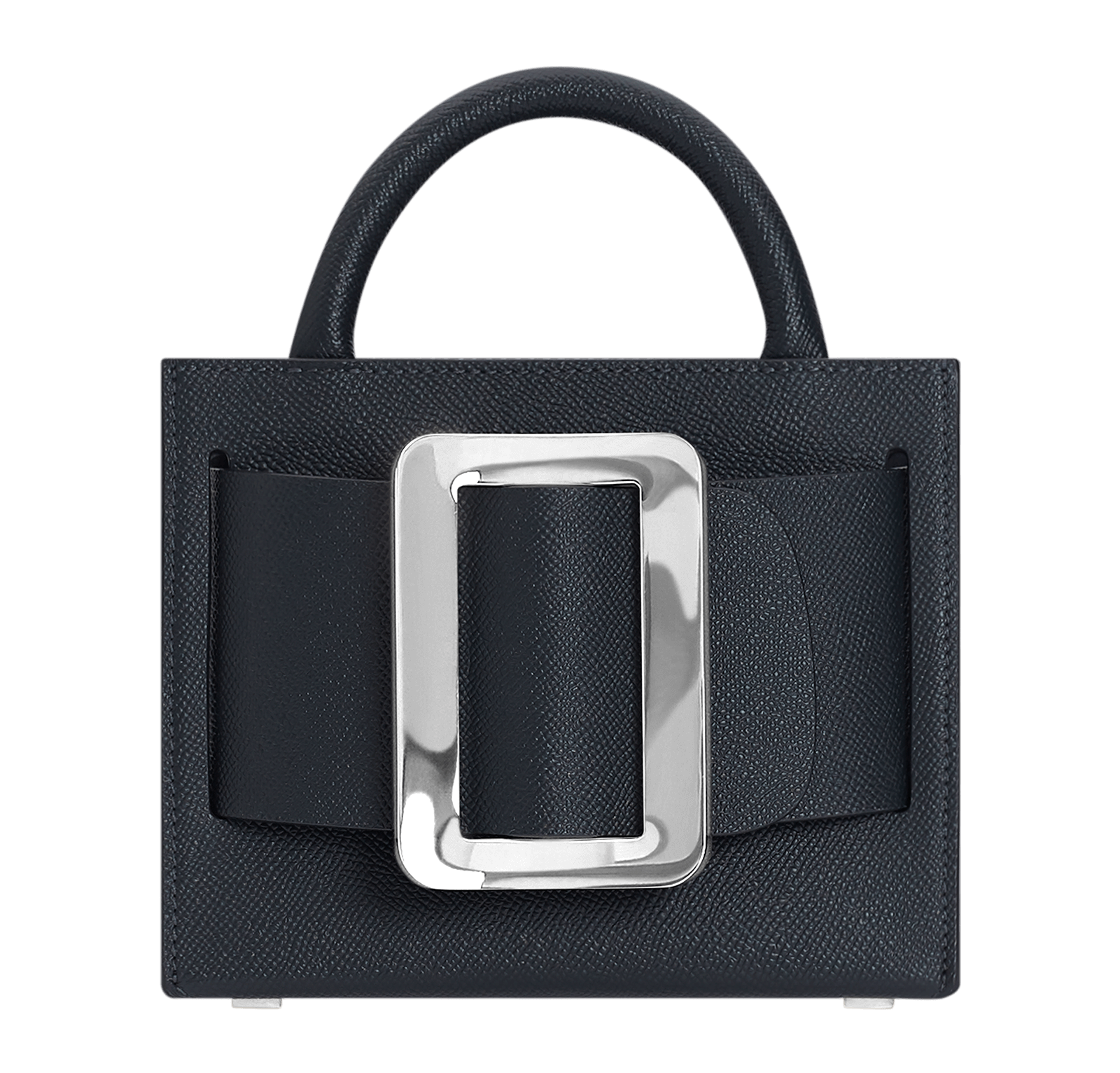 Small, structured blue handbag with a large silver buckle on the front, carry strap, and twin handles. Made with grained calfskin leather.