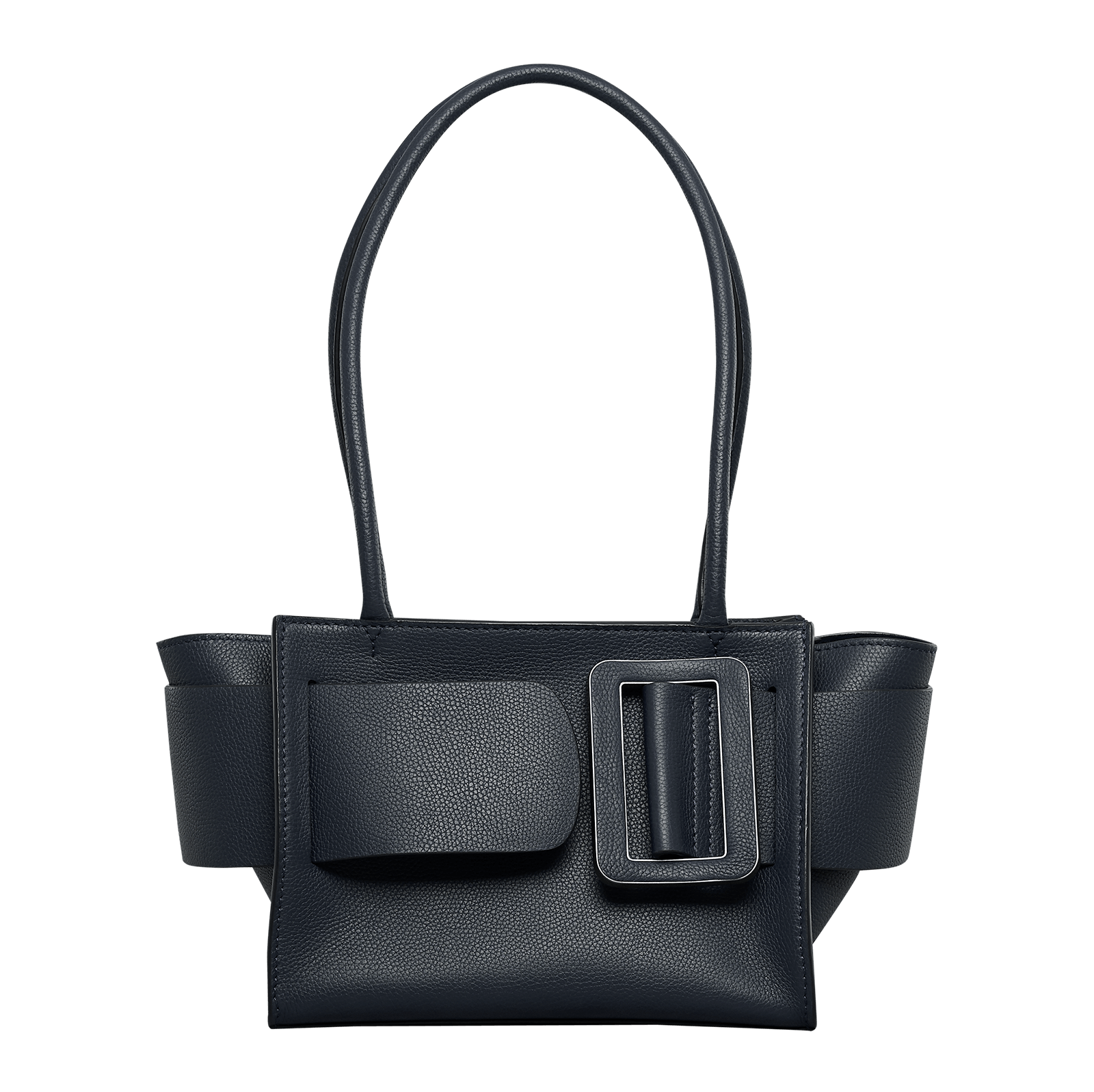 Open, blue, natural grain leather handbag with an oversized buckle on the front, twin carry handles and a top zip fastener.