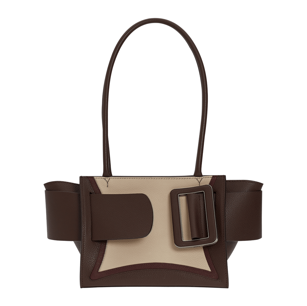 Open, natural grain leather handbag with an oversized buckle on the front, twin carry handles and a top zip fastener.