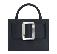 Medium, structured blue handbag with a large silver buckle on the front, carry strap, and twin handles. Made with grained calfskin leather.