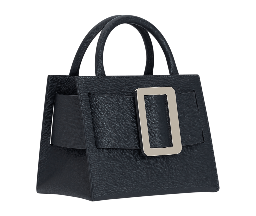 Medium, structured blue handbag with a large silver buckle on the front, carry strap, and twin handles. Made with grained calfskin leather.