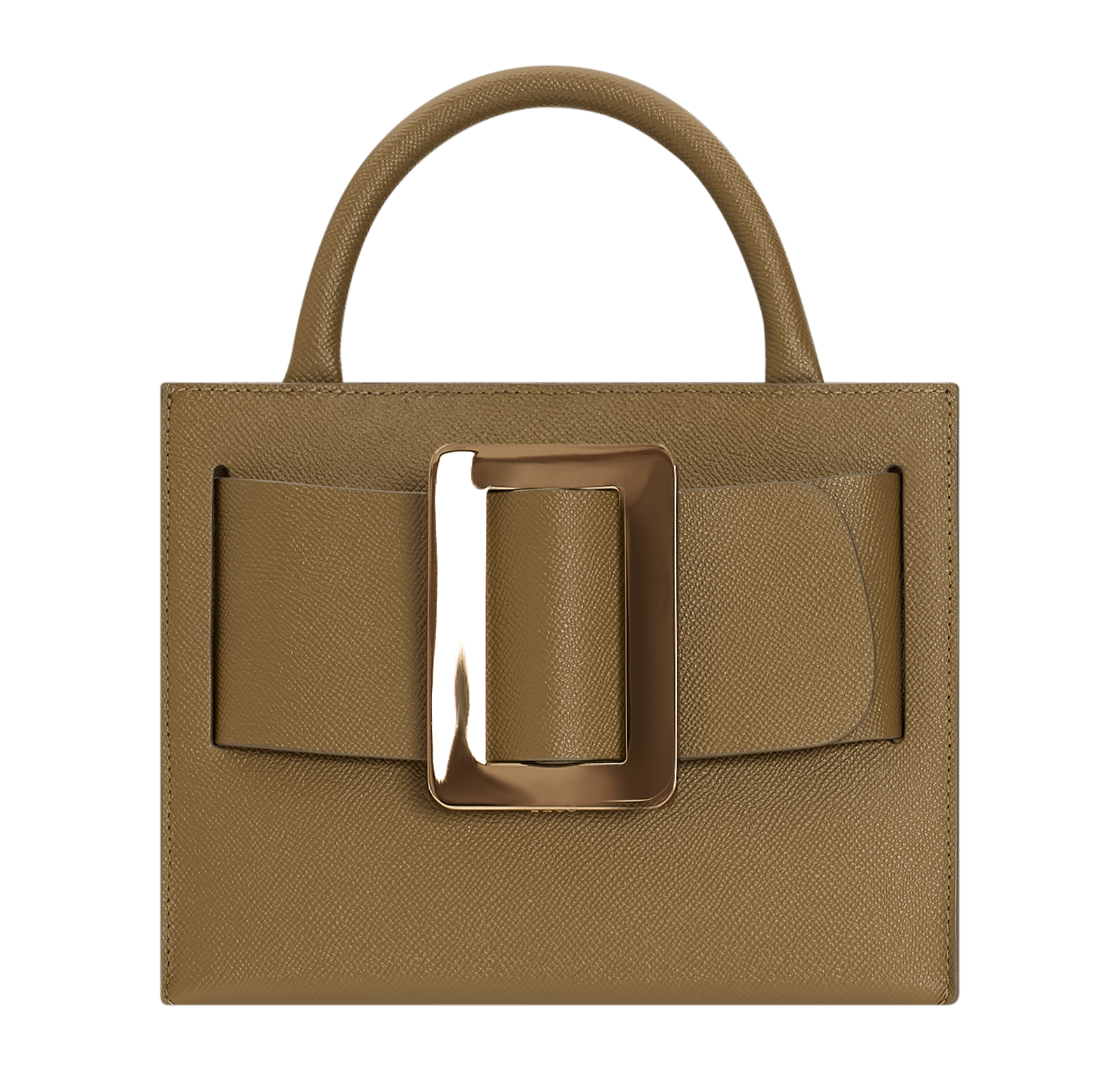 Medium, structured brown handbag with a large gold buckle on the front, carry strap, and twin handles. Made with grained calfskin leather.
