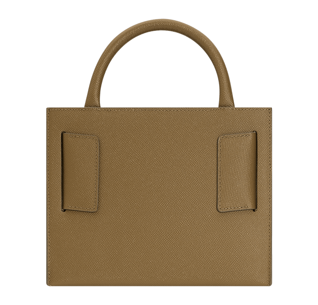 Medium, structured brown handbag with a large gold buckle on the front, carry strap, and twin handles. Made with grained calfskin leather.