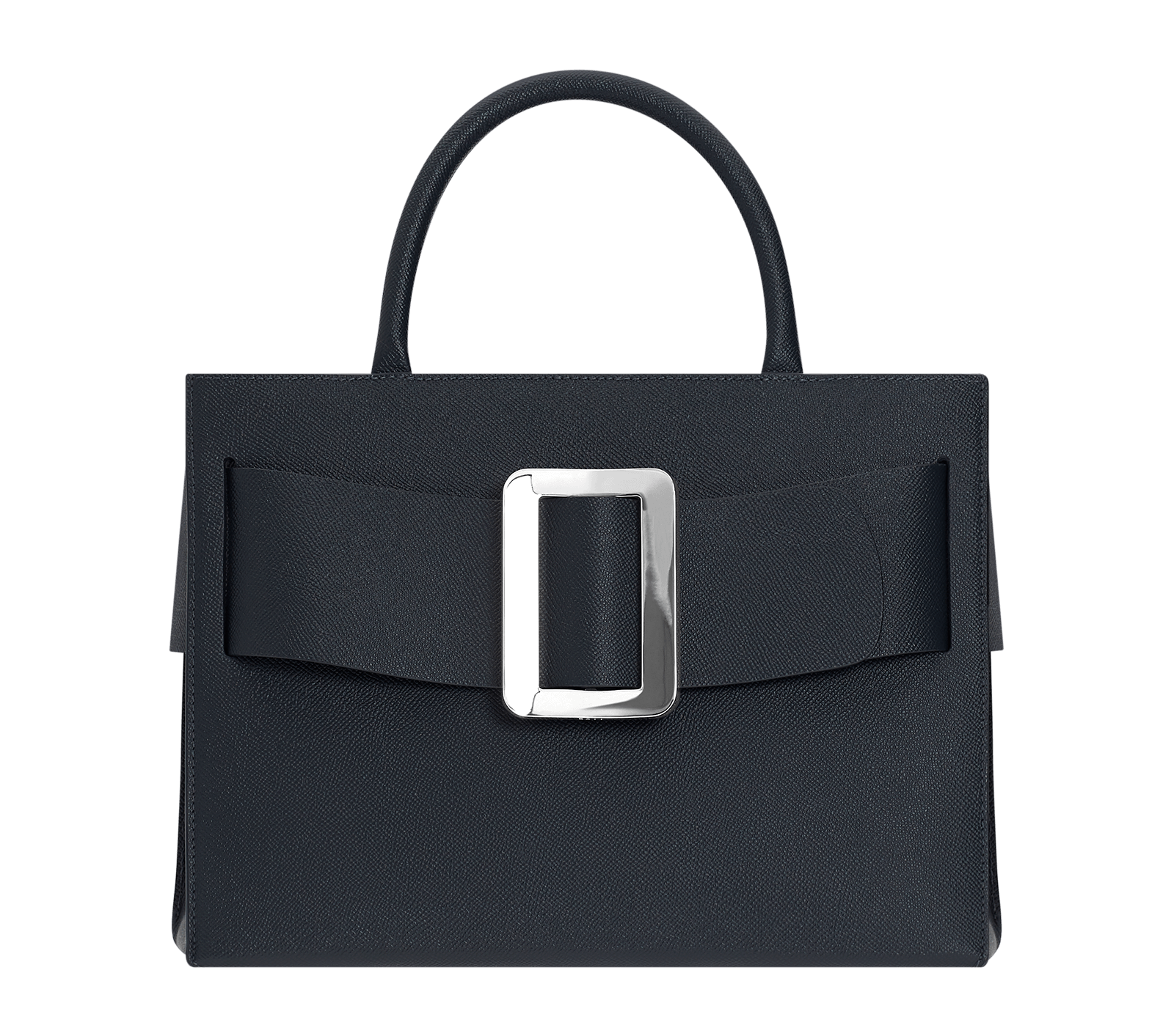 Large, structured blue handbag with a large silver buckle on the front, carry strap, and twin handles. Made with grained calfskin leather.
