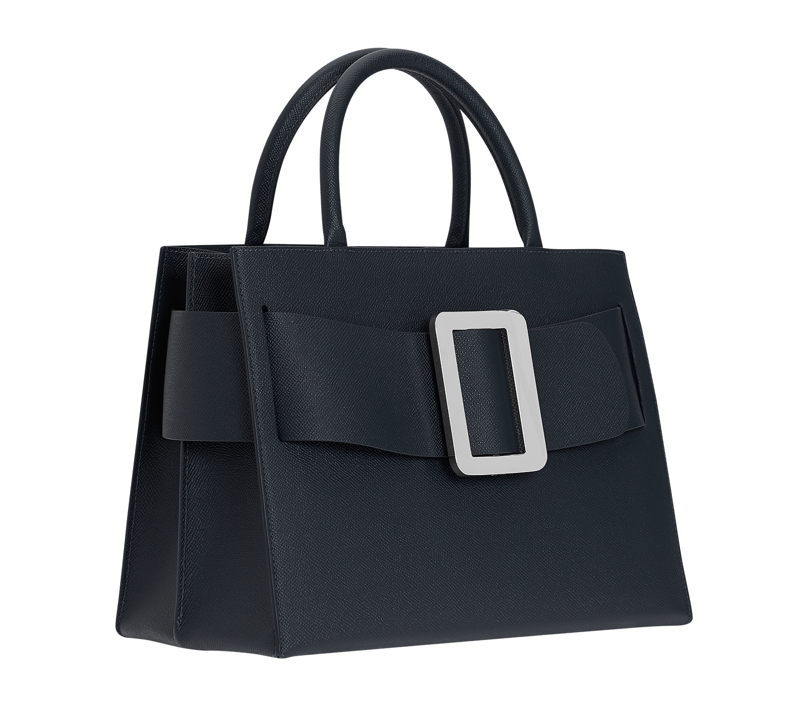 Large, structured blue handbag with a large silver buckle on the front, carry strap, and twin handles. Made with grained calfskin leather.