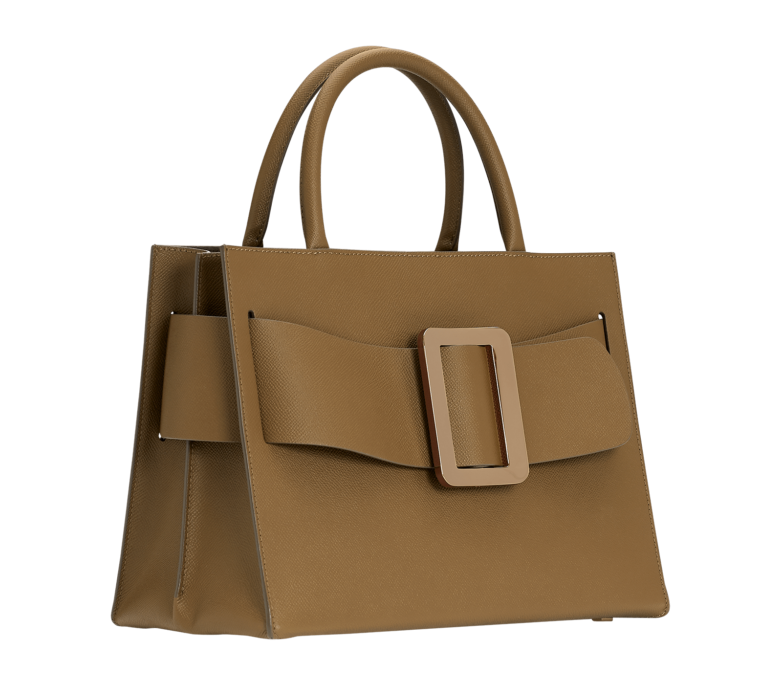 Large, structured brown handbag with a large gold buckle on the front, carry strap, and twin handles. Made with grained calfskin leather.