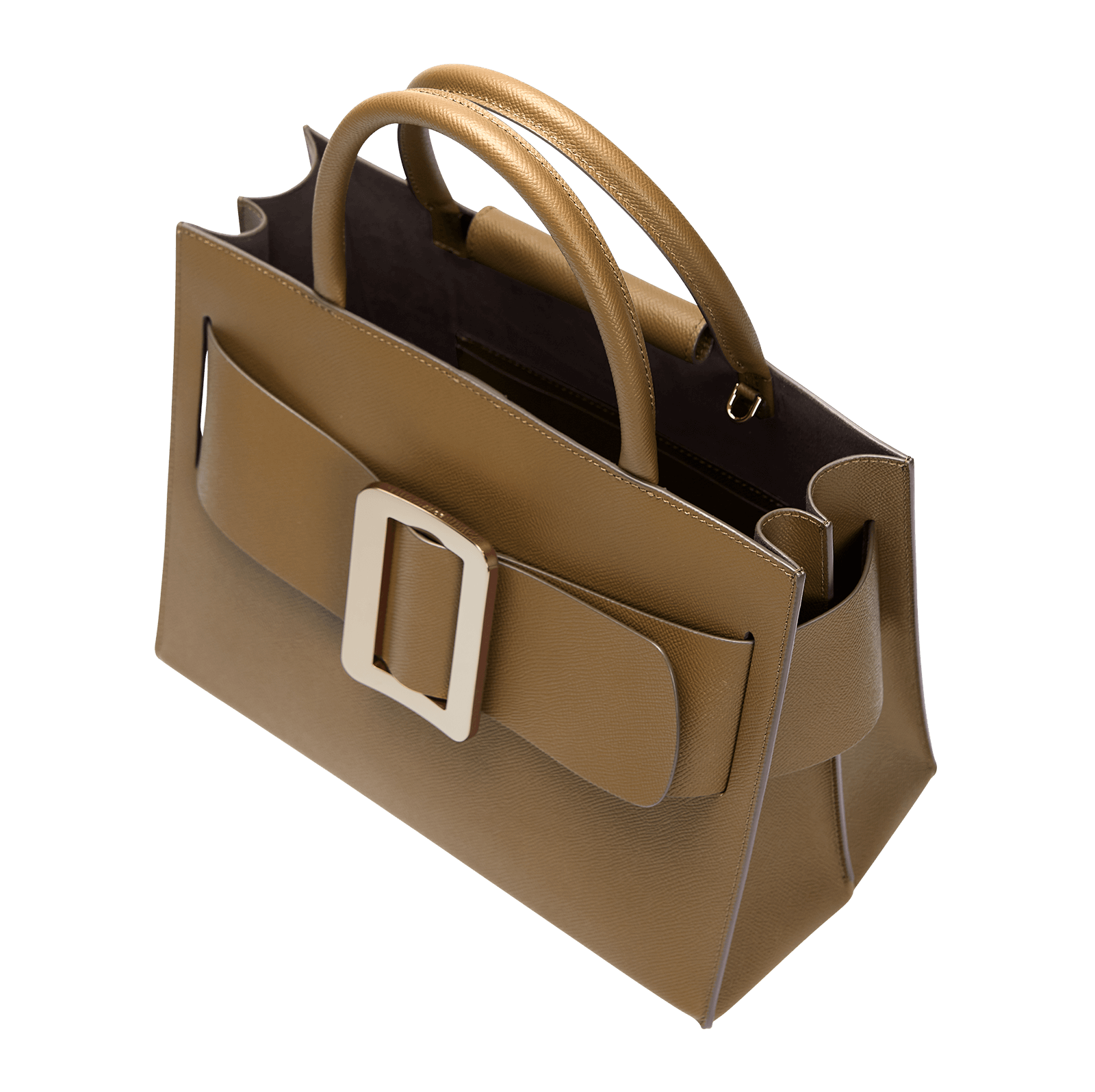 Large, structured brown handbag with a large gold buckle on the front, carry strap, and twin handles. Made with grained calfskin leather.