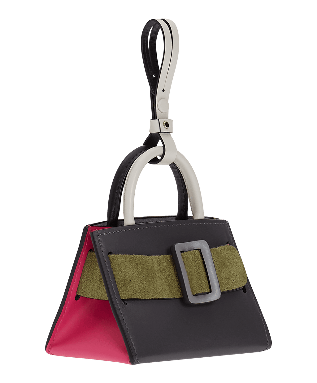 Miniature structured handbag charm with a leather buckle on the front, carry strap, and twin handles. Made with smooth calfskin leather.