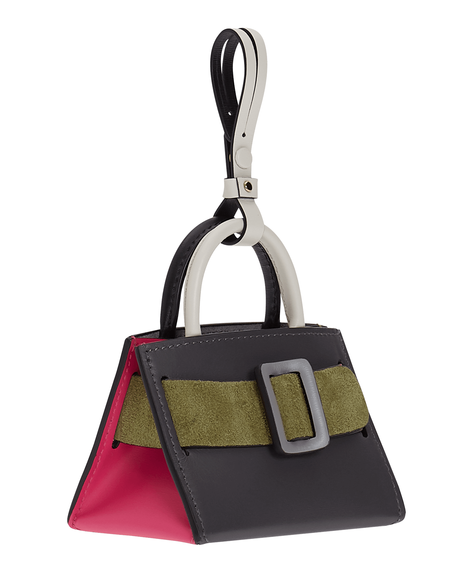 Miniature structured handbag charm with a leather buckle on the front, carry strap, and twin handles. Made with smooth calfskin leather.