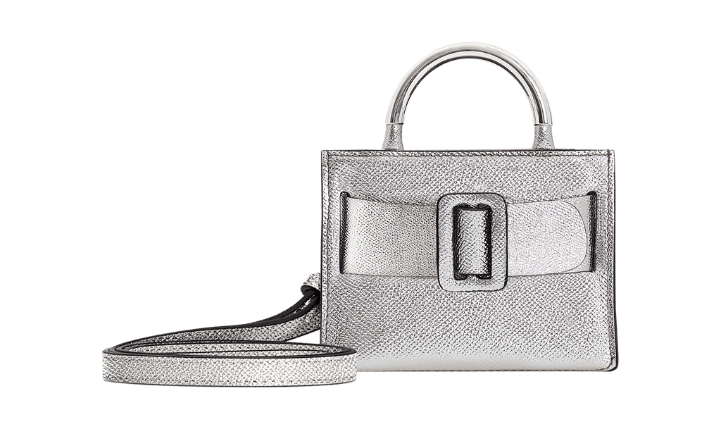 Miniature structured handbag charm with a buckle on the front, carry strap, and twin handles. Made with grained calfskin leather.