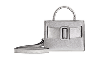 Miniature structured handbag charm with a buckle on the front, carry strap, and twin handles. Made with grained calfskin leather.