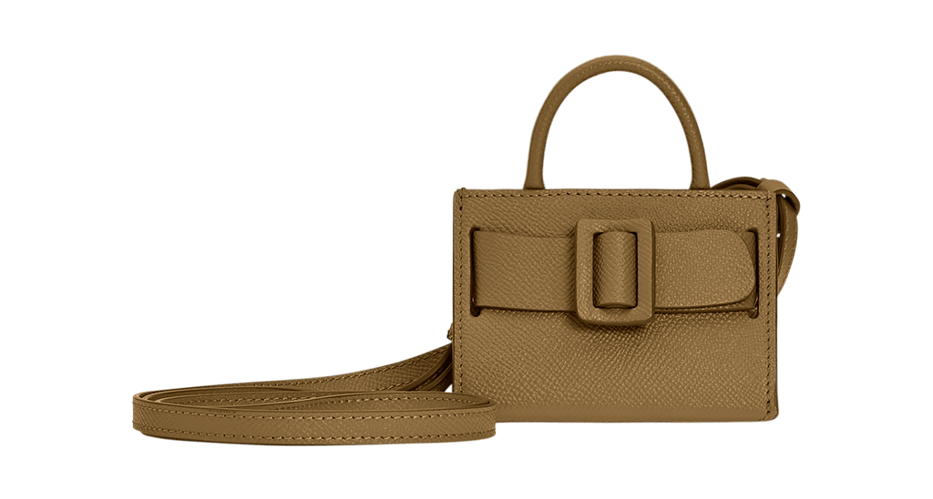 Miniature structured brown handbag charm with a leather buckle on the front, carry strap, and twin handles. Made with grained calfskin leather.