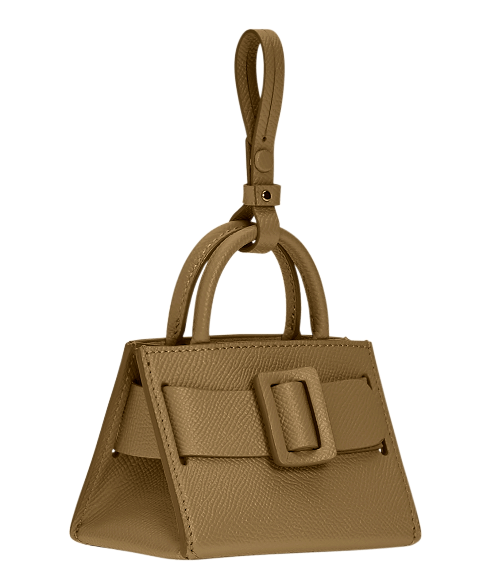 Miniature structured brown handbag charm with a leather buckle on the front, carry strap, and twin handles. Made with grained calfskin leather.