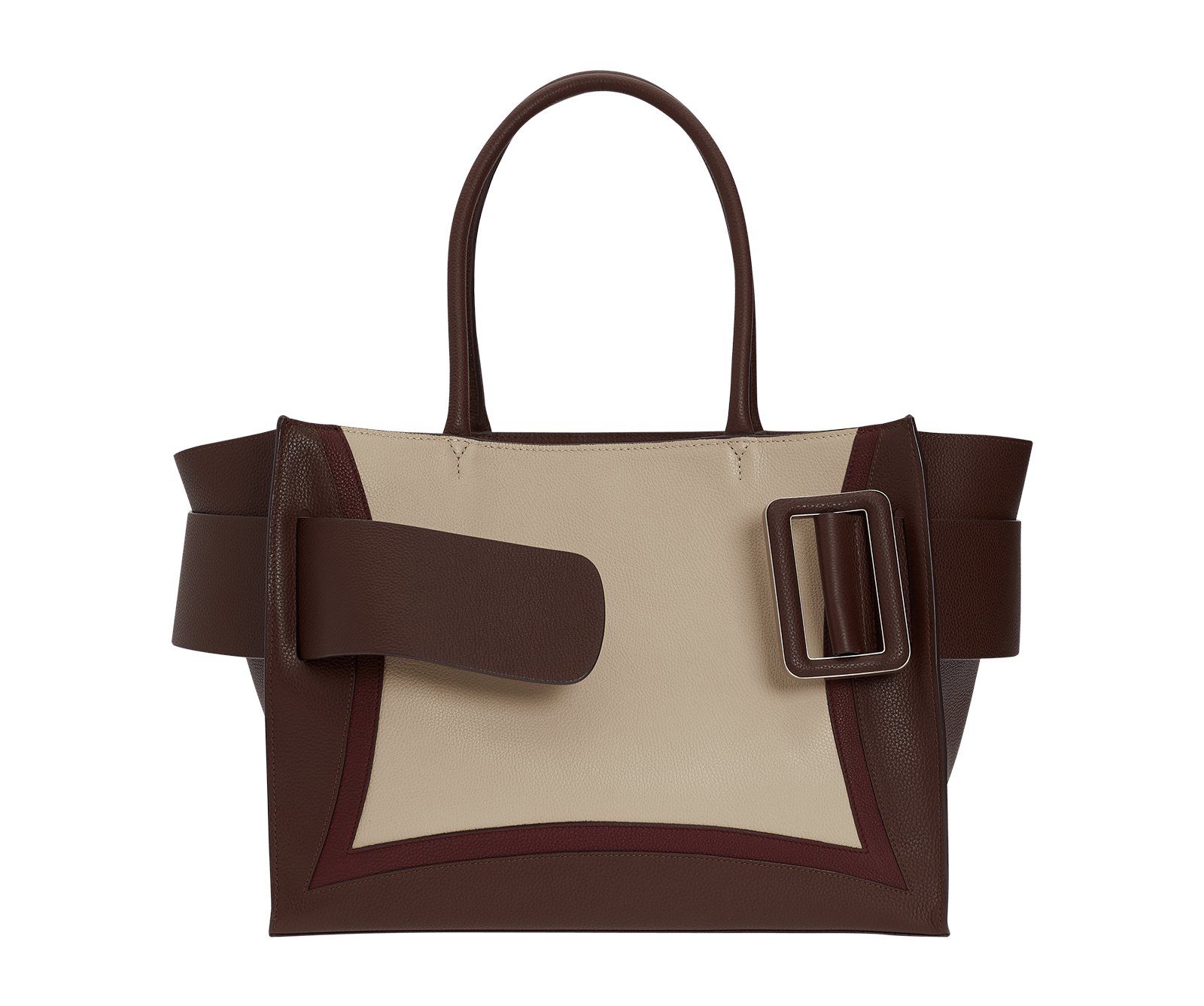 Oversized, soft leather bag made with natural grain calfskin. Features an unfastened, oversized buckle and twin handles.