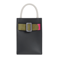 Elongated, small structured handbag with a leather buckle on the front, carry strap, and twin handles. Made with smooth calfskin leather.