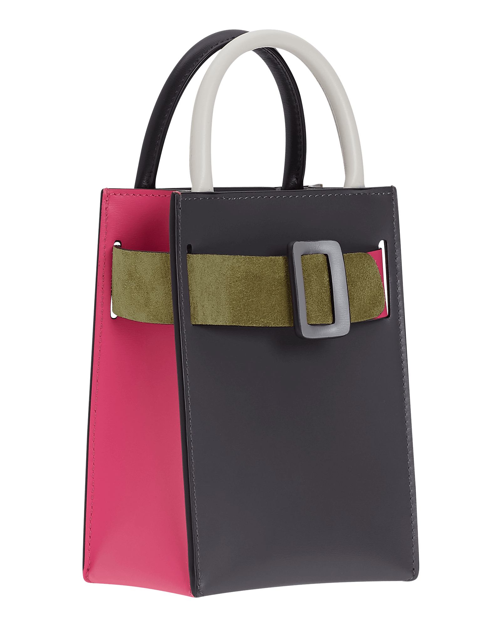 Elongated, small structured handbag with a leather buckle on the front, carry strap, and twin handles. Made with smooth calfskin leather.
