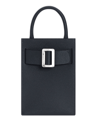 Elongated, small structured blue handbag with a silver buckle on the front, carry strap, and twin handles. Made with grained calfskin leather.