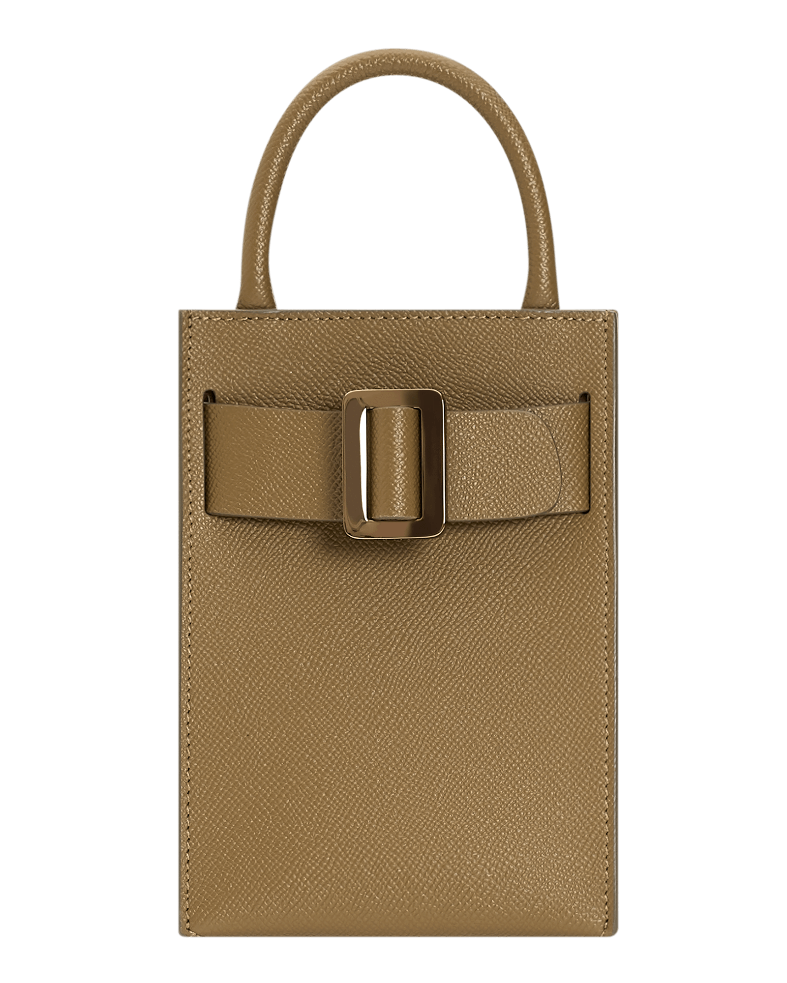 Elongated, small structured brown handbag with a gold buckle on the front, carry strap, and twin handles. Made with grained calfskin leather.