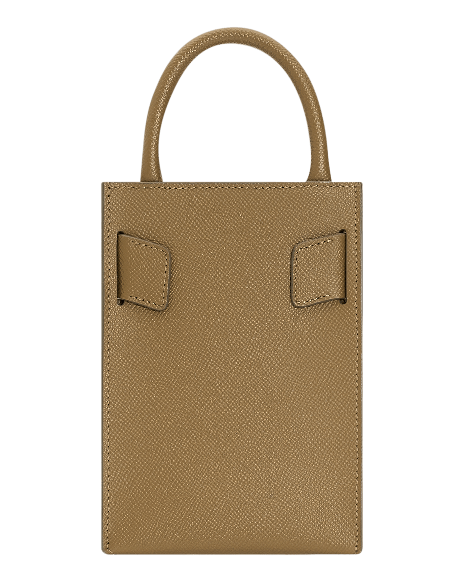 Elongated, small structured brown handbag with a gold buckle on the front, carry strap, and twin handles. Made with grained calfskin leather.
