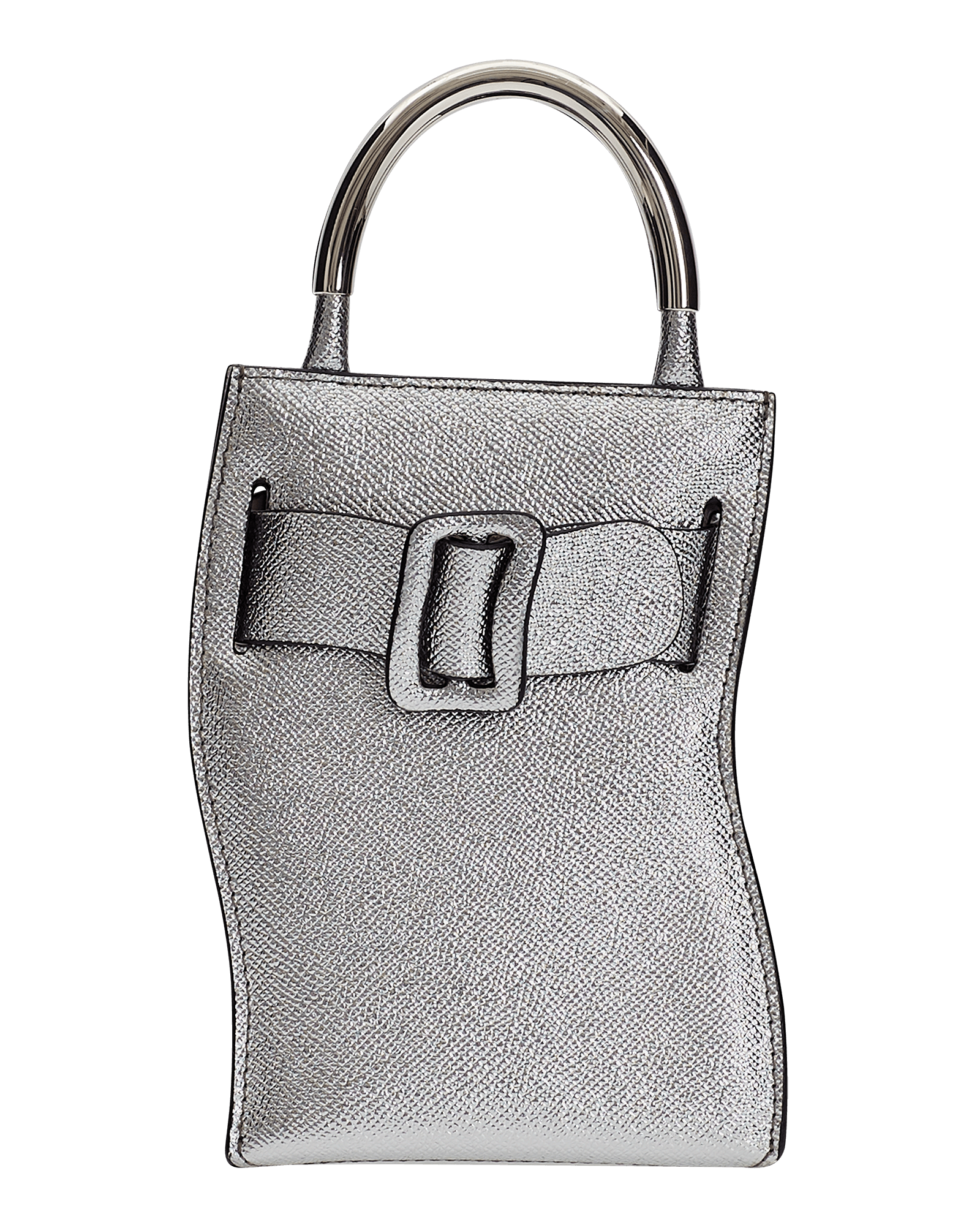 Elongated, small structured handbag with a silver buckle on the front, carry strap, and twin handles. Made with grained calfskin leather.