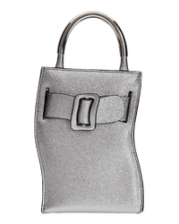 Elongated, small structured handbag with a silver buckle on the front, carry strap, and twin handles. Made with grained calfskin leather.