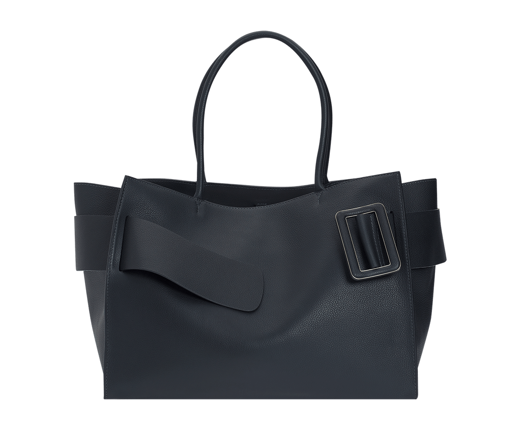 Large, blue, soft leather bag made with natural grain calfskin. Features an unfastened, oversized buckle and twin handles.