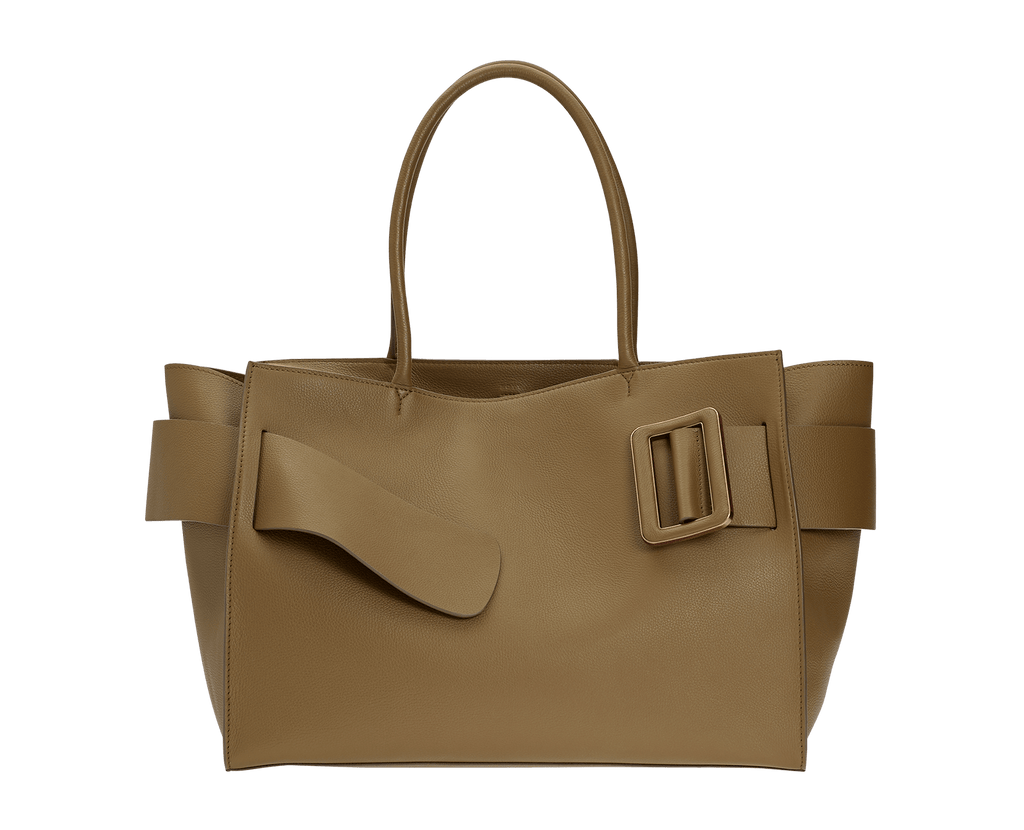 Large, brown, soft leather bag made with natural grain calfskin. Features an unfastened, oversized buckle and twin handles.