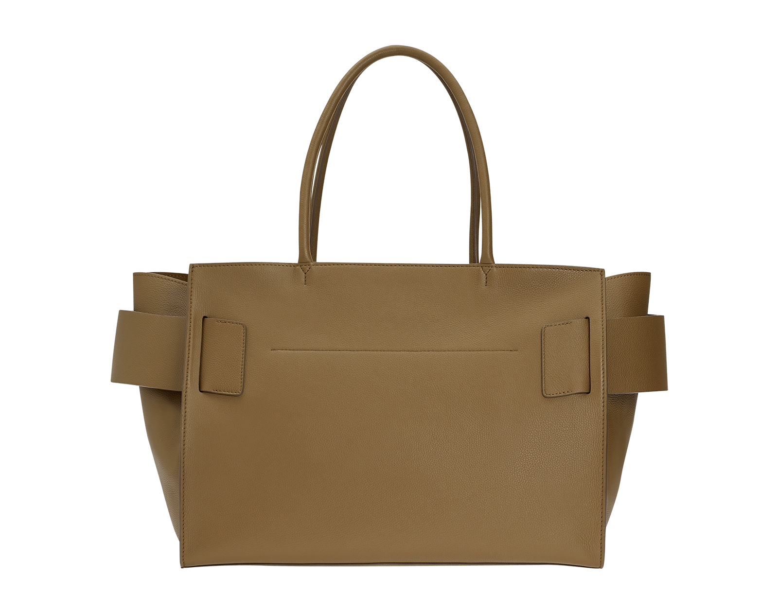 Large, brown, soft leather bag made with natural grain calfskin. Features an unfastened, oversized buckle and twin handles.