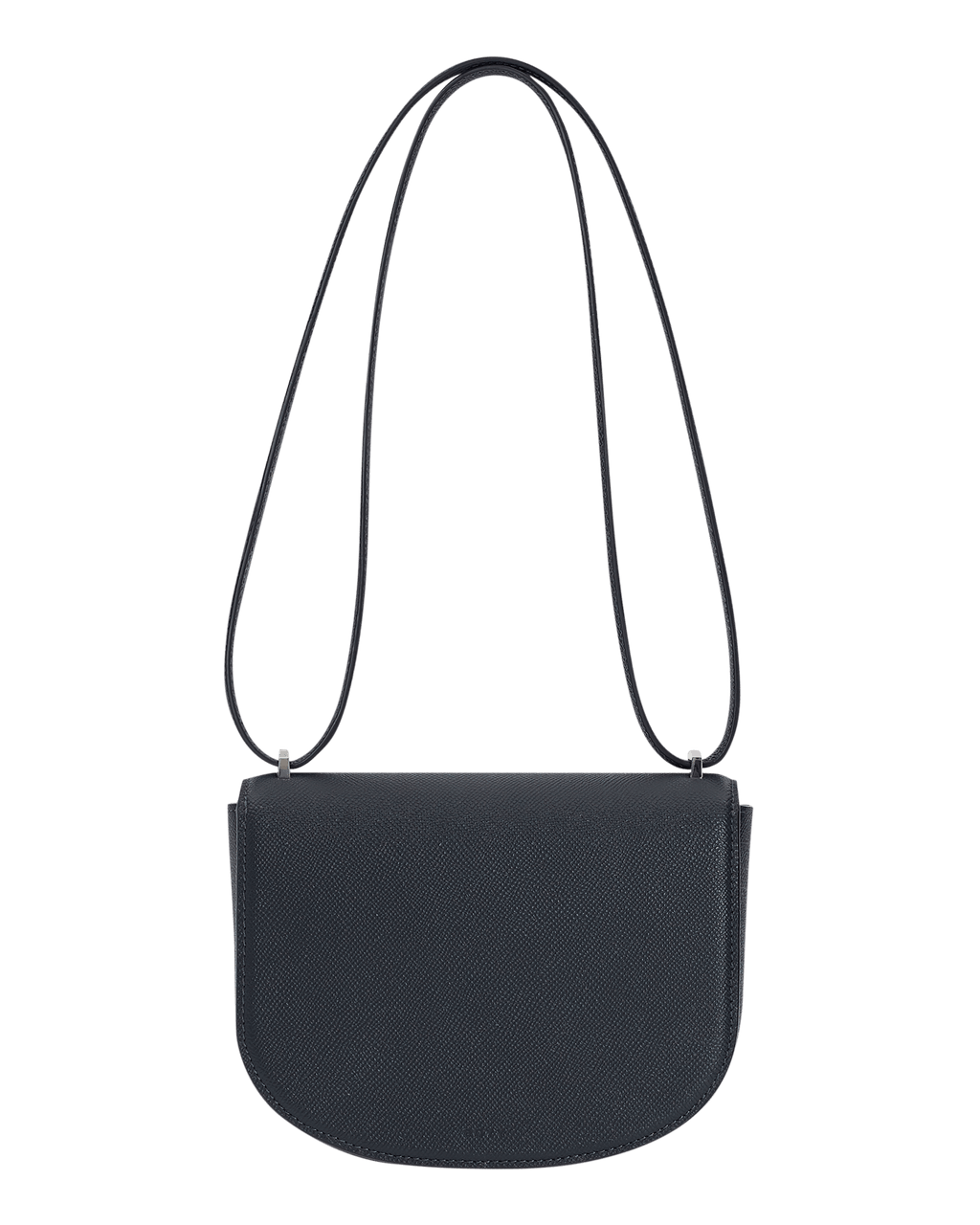 Small, blue grained leather handbag, a large silver buckle on the front flap closure, and a shoulder strap