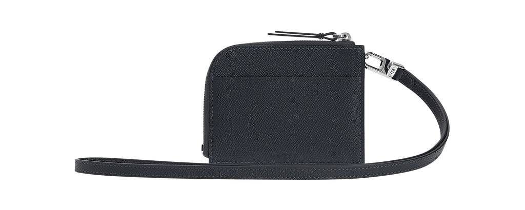 Rectangular cardholder in grained blue leather with oversized silver buckle and leather belt, zip closure, and leather carrying strap.