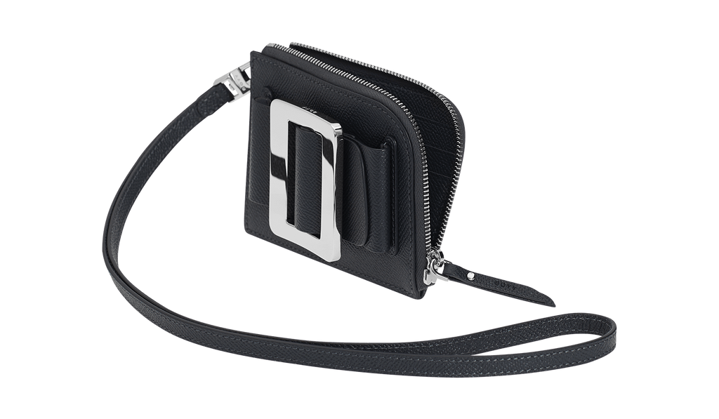 Rectangular cardholder in grained blue leather with oversized silver buckle and leather belt, zip closure, and leather carrying strap.