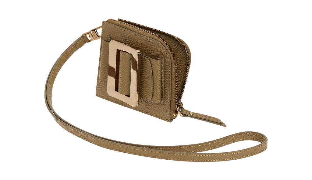Rectangular cardholder in grained brown leather with oversized gold buckle and leather belt, zip closure, and leather carrying strap.
