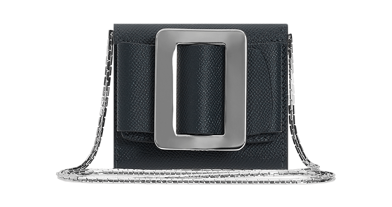 Square coin purse in grained blue leather with oversized silver buckle, front flap closure, and metal chain carrying strap.