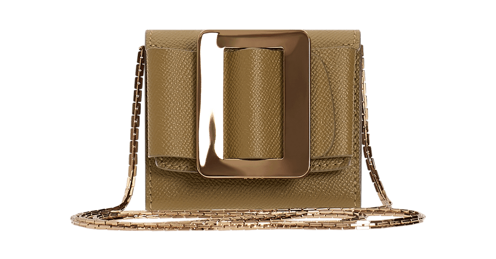 Square coin purse in grained brown leather with oversized gold buckle, front flap closure, and metal chain carrying strap.