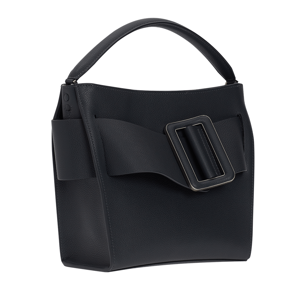Open, soft blue natural grain leather handbag with a single carry handle, oversized front buckle detail and top zip fastener.