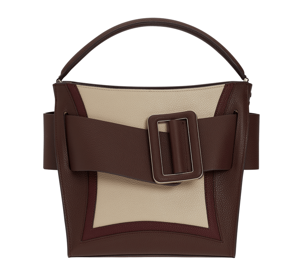 Open, soft natural grain leather handbag with a single carry handle, oversized front buckle detail and top zip fastener.