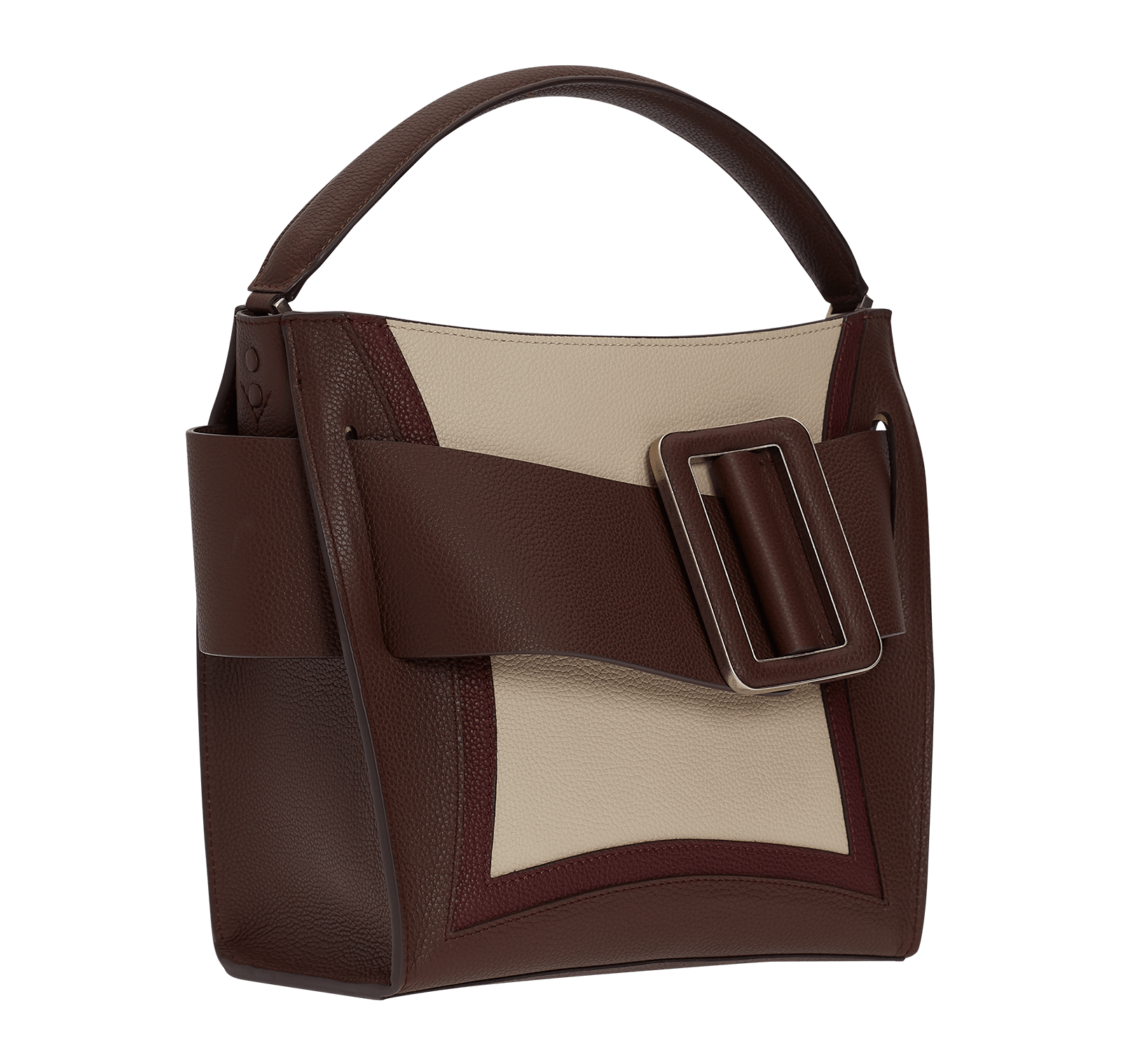 Open, soft natural grain leather handbag with a single carry handle, oversized front buckle detail and top zip fastener.