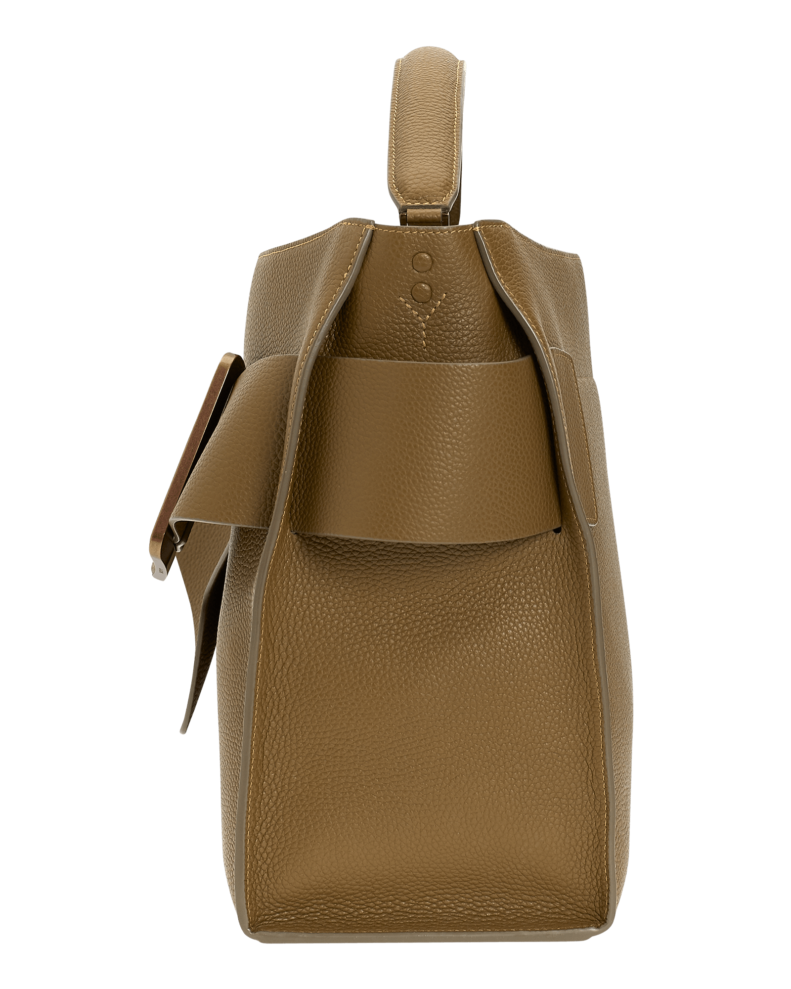 Open, soft brown natural grain leather handbag with a single carry handle, oversized front buckle detail and top zip fastener.