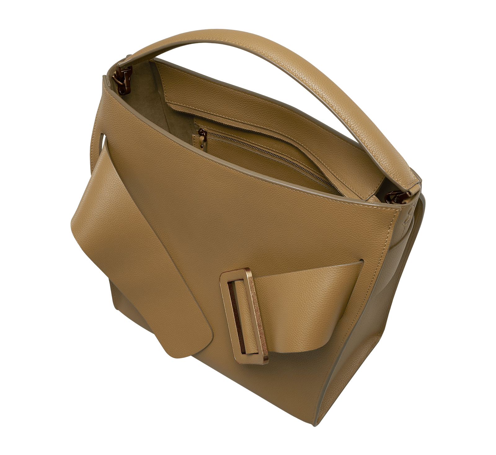 Open, soft brown natural grain leather handbag with a single carry handle, oversized front buckle detail and top zip fastener.