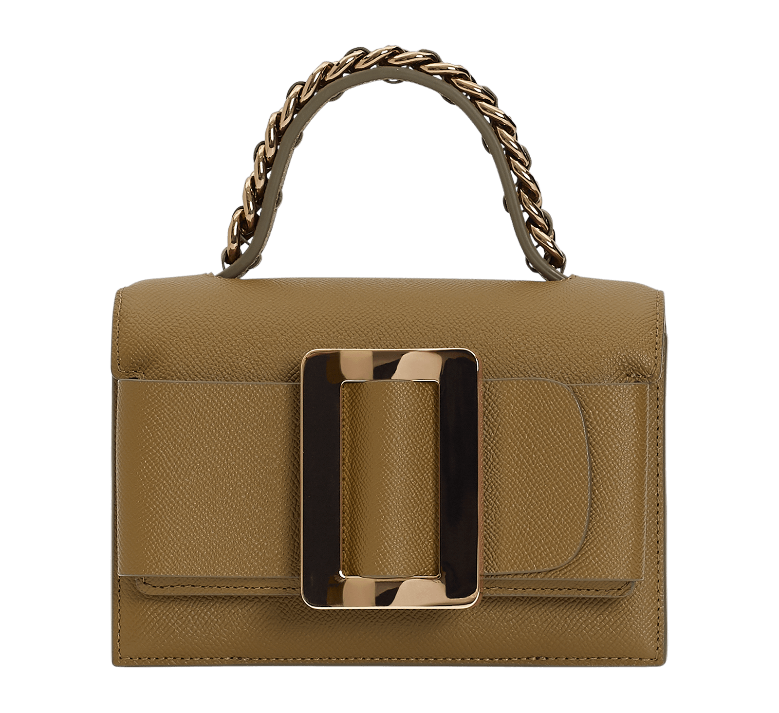 Small brown leather handbag. Features a single carry handle with chain detail, a carry strap, a large gold buckle and front flap closure.