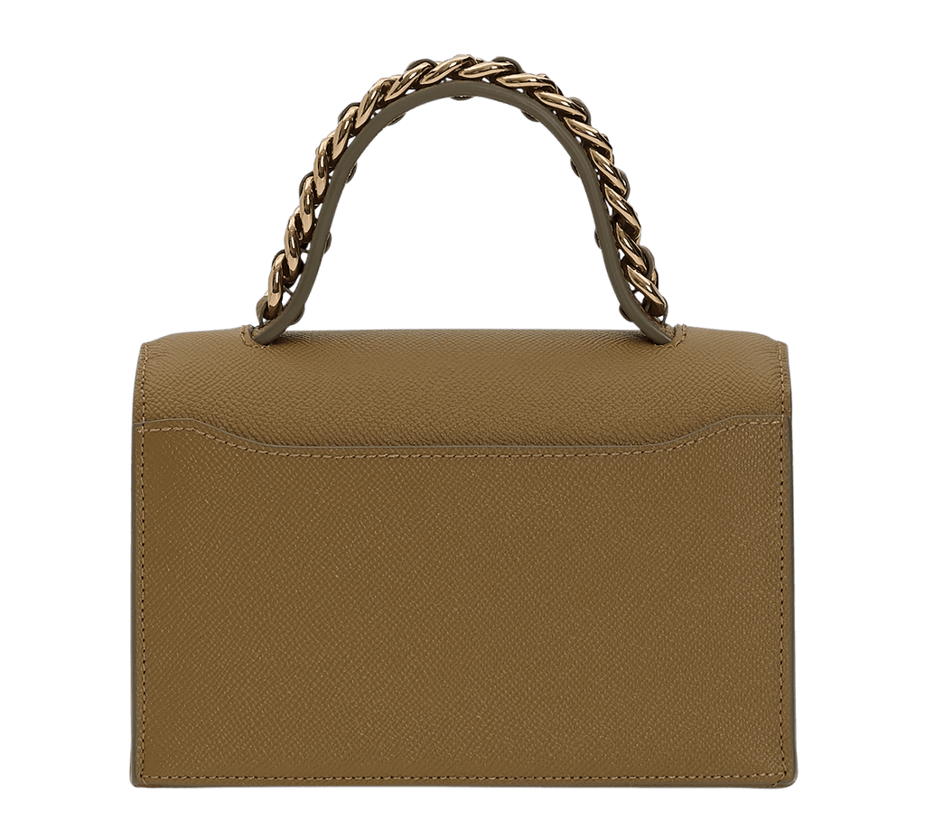 Small brown leather handbag. Features a single carry handle with chain detail, a carry strap, a large gold buckle and front flap closure.