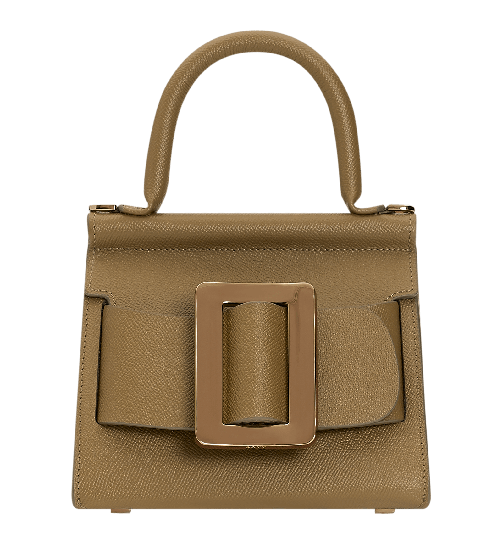 Brown, grained leather, structured handbag with an oversized gold buckle, single carry handle, carry strap, and front flap closure.