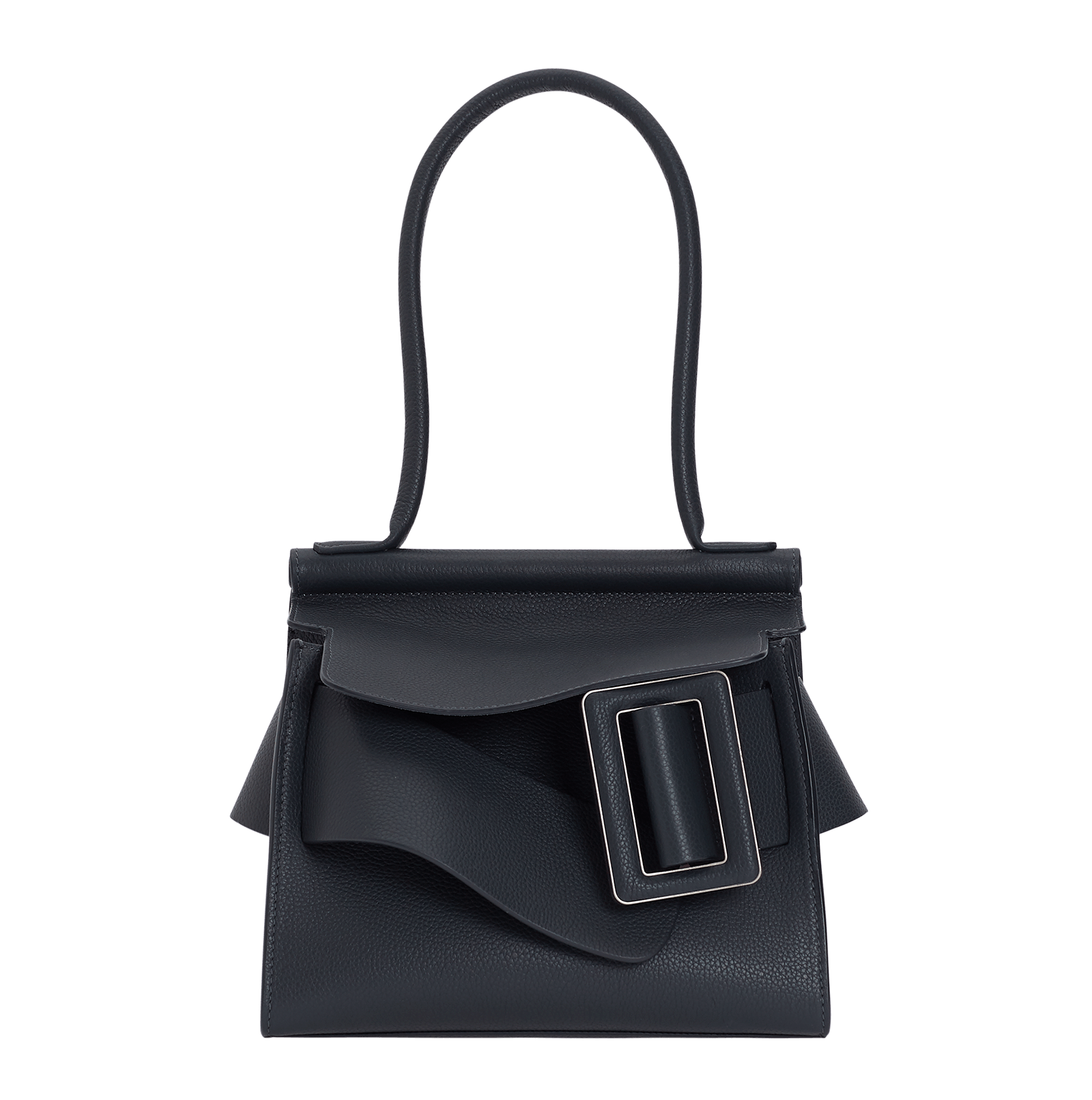 Blue, natural grain leather, structured handbag with a large, unfastened buckle, single carry handle and front flap closure. 