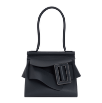 Blue, natural grain leather, structured handbag with a large, unfastened buckle, single carry handle and front flap closure. 